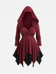 Plus Size Twist Lace Trim Drawstring Hooded Layered Handkerchief Long Sleeve Top -  