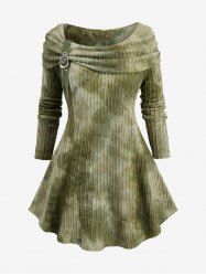 Plus Size Ombre Tie Dye Print Grommets Buckle Turn Down Collar Cable Knit Textured Sweater -  