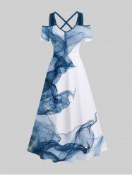 Maxi Robe Ligne A Ombrée Croisée Imprimée à Epaule Dénudée de Grande Taille - Multi-A 5X