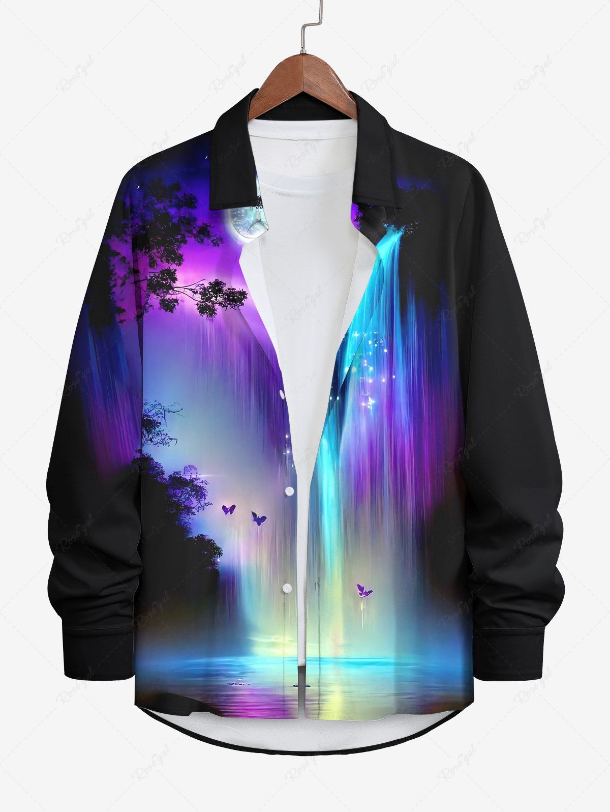 Unique Plus Size Moon Tree Water Fall Ombre Colorblock Glitter 3D Print Buttons Long Sleeves Shirt For Men  