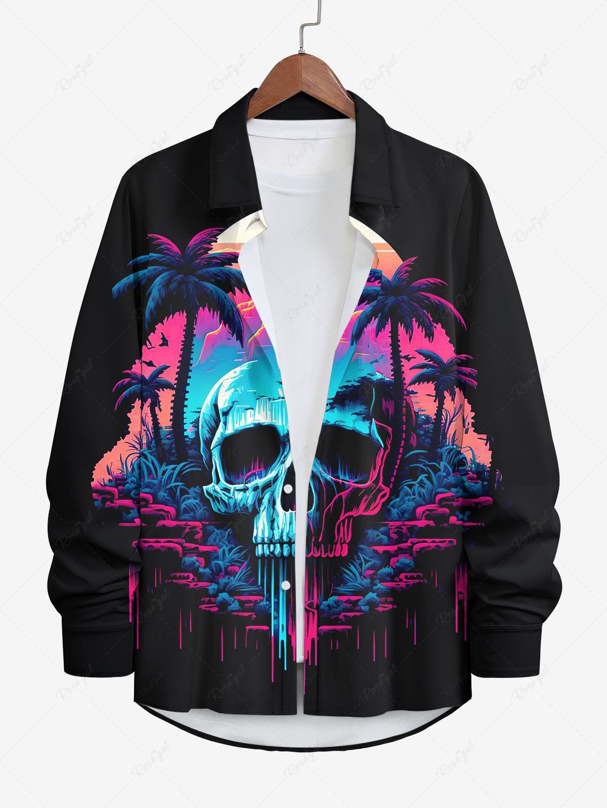 Fashion Plus Size Skull Coconut Tree Mountain Ombre Colorblock Print Buttons Long Sleeves Hawaii Shirt For Men  