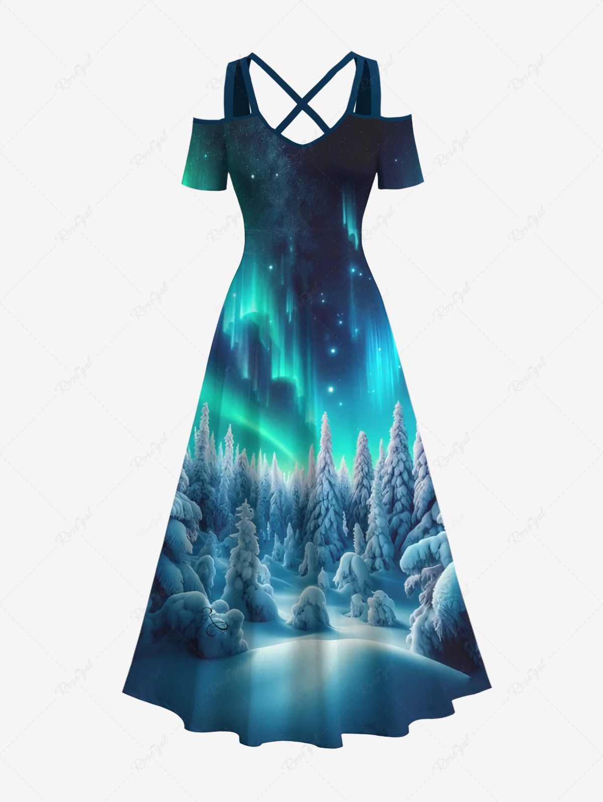 Chic Plus Size Forest Snow Galaxy Light Beam Glitter 3D Print Cold Shoulder Crisscross Maxi Dress  
