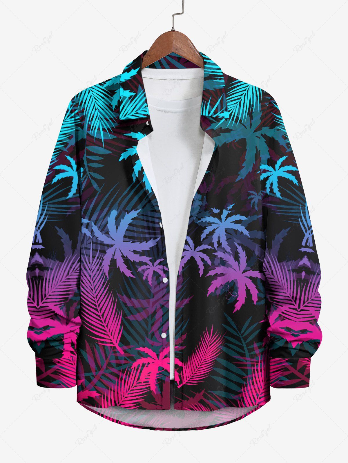 Store Plus Size Tropical Coconut Tree Leaf Ombre Colorblock Print Buttons Long Sleeves Hawaii Shirt For Men  