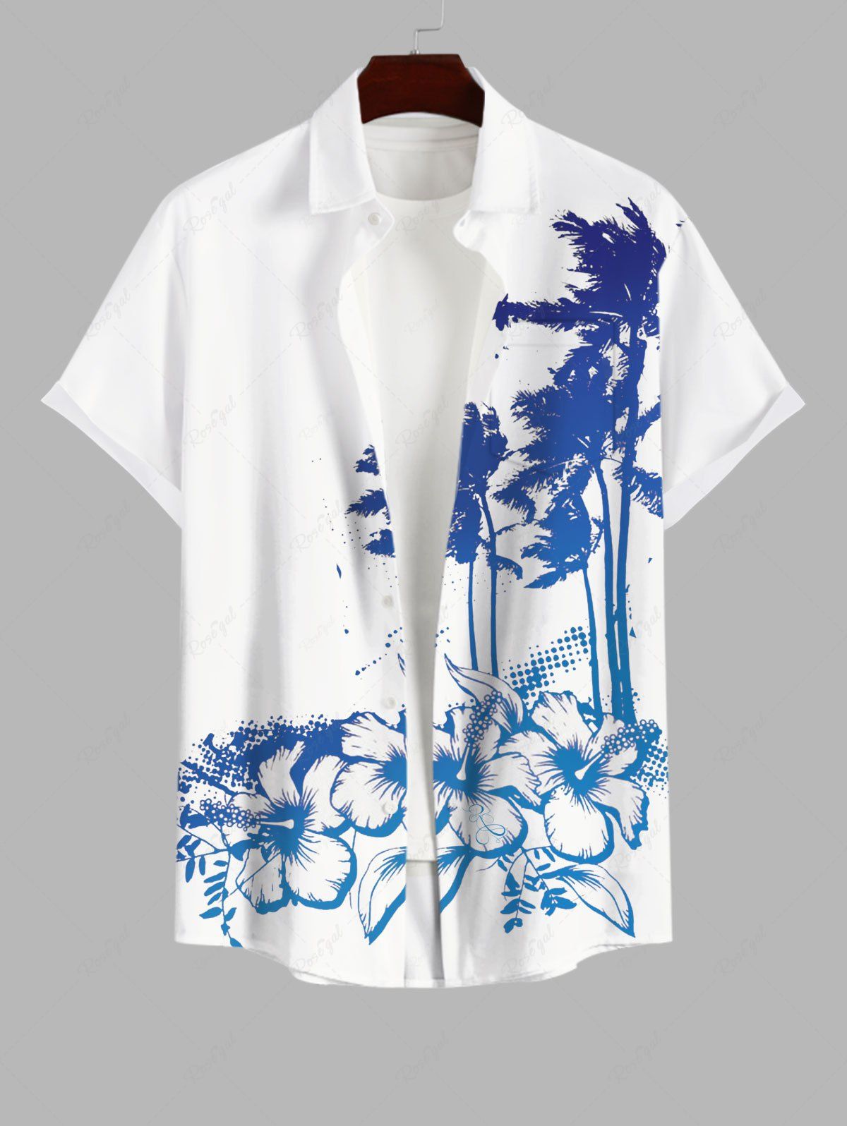 Chemise Décontractée Fleur Arbre Noix de Coco Imprimés avec Poche de Grande Taille pour Homme Blanc XL