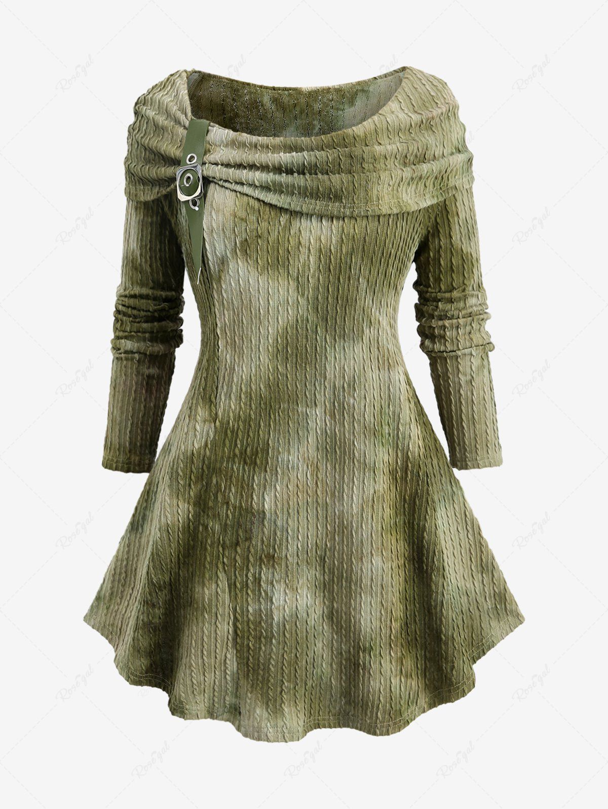 Buy Plus Size Ombre Tie Dye Print Grommets Buckle Turn Down Collar Cable Knit Textured Sweater  