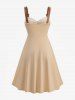 Plus Size Maple Leaf Print Ruched Panel Buckle Heart Grommets Pocket Tank Dress -  