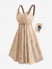 Plus Size Maple Leaf Print Ruched Panel Buckle Heart Grommets Pocket Tank Dress -  