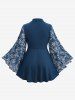 Plus Size Rose Flower Leaf Print Ribbed Textured Patchwork Flare Sleeve Top -  