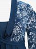 Plus Size Rose Flower Leaf Print Ribbed Textured Patchwork Flare Sleeve Top -  