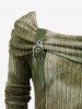 Plus Size Ombre Tie Dye Print Grommets Buckle Turn Down Collar Cable Knit Textured Sweater -  