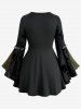 Plus Size Floral Flocking Split Flare Sleeves Lace Up PU Strap Grommet Buckle Patchwork Top -  