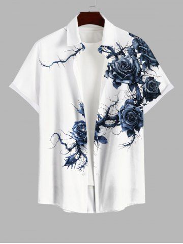 Plus Size Rose Flower Vine Print Button Pocket Shirt For Men