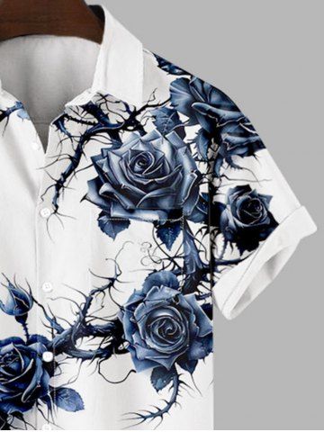 Plus Size Rose Flower Vine Print Button Pocket Shirt For Men
