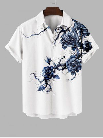 Plus Size Rose Flower Vine Print Button Pocket Shirt For Men
