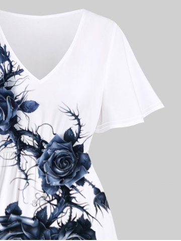 Plus Size Rose Flower Vine Print Split Pocket A Line Midi Dress