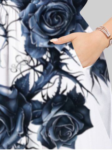 Plus Size Rose Flower Vine Print Split Pocket A Line Midi Dress