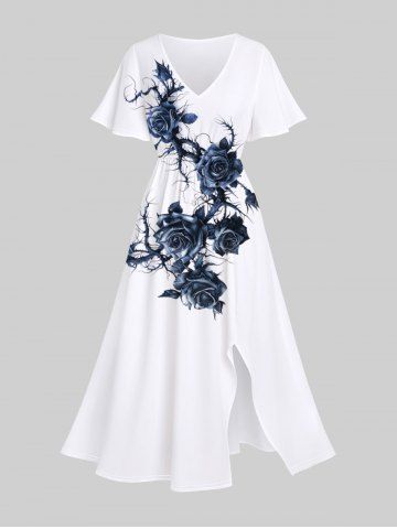 Plus Size Rose Flower Vine Print Split Pocket A Line Midi Dress - CRYSTAL CREAM - L