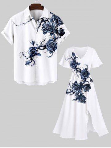 Plus Size Rose Flower Vine Print Split Pocket A Line Midi Dress