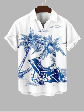 Plus Size Skull Chair Sea Coconut Tree Cloud Print Hawaii Button Pocket Shirt For Men