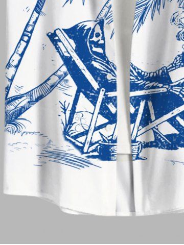 Plus Size Skull Chair Sea Coconut Tree Cloud Print Hawaii Button Pocket Shirt For Men