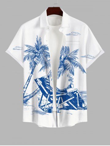 Plus Size Skull Chair Sea Coconut Tree Cloud Print Hawaii Button Pocket Shirt For Men
