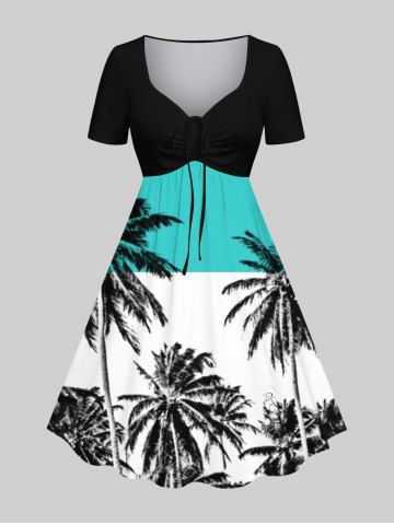 Plus Size Coconut Tree Colorblock Print Hawaii Cinched A Line Dress - MULTI-A - XS