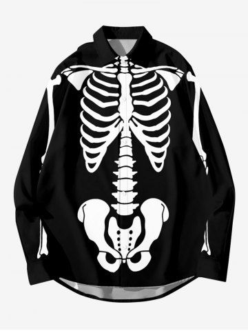 Plus Size Skeleton Print Buttons Long Sleeve Shirt For Men - BLACK - M