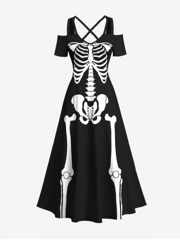 Plus Size Halloween Skeleton Costume Print Cold Shoulder Crisscross Maxi Dress - BLACK - S