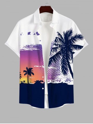Plus Size Coconut Tree Sunset Ombre Sky Colorblock Print Buttons Pocket Hawaii Shirt For Men
