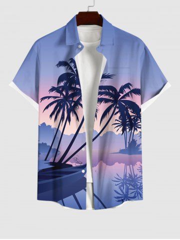 Plus Size Coconut Tree Boat Ombre Colorblock Print Buttons Pocket Hawaii Shirt For Men