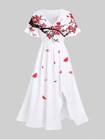 Plus Size Chinese Style Plum Bossom Petal Brach Print Split Midi Dress - WHITE - 5X