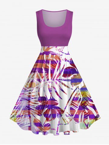 Plus Size Colorful Coconut Tree Floral Colorblock Striped Print Hawaii Vintage Swing A Line Dress - PURPLE - XS