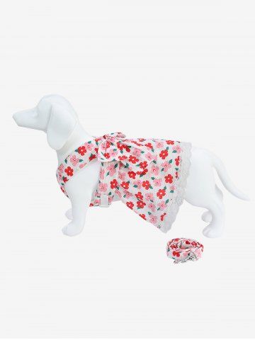 Pet's Flowers Print Bowknot Lace Trim Dress With Leash - RED - 2XL