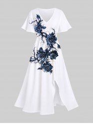 Plus Size Rose Flower Vine Print Split Pocket A Line Midi Dress -  