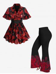 Rose Flower Print Jacquard Lace Up Heart Buttons Blouse and Flare Pants Plus Size Outfit -  