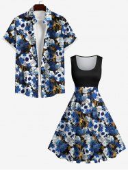 Skulls Ink Flower Print Plus Size Matching Hawaii Beach Outfit For Couples -  