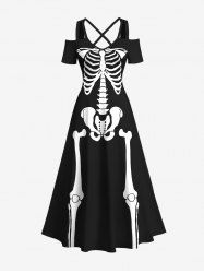 Robe longue croisée à épaules dénudées et imprimé squelette d'Halloween grande taille - Noir 4X