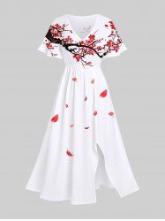 Plus Size Chinese Style Plum Bossom Petal Brach Print Split Midi Dress -  
