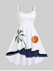 Robe Débardeur Hawaïen en Blocs de Couleurs Arbre Noix de Coco Océan Imprimés de Grande Taille - Blanc 1X