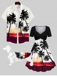 Coconut Tree Sunset Sailboat Colorblock Print Hawaii Dog and Owner Matching Outfits -  