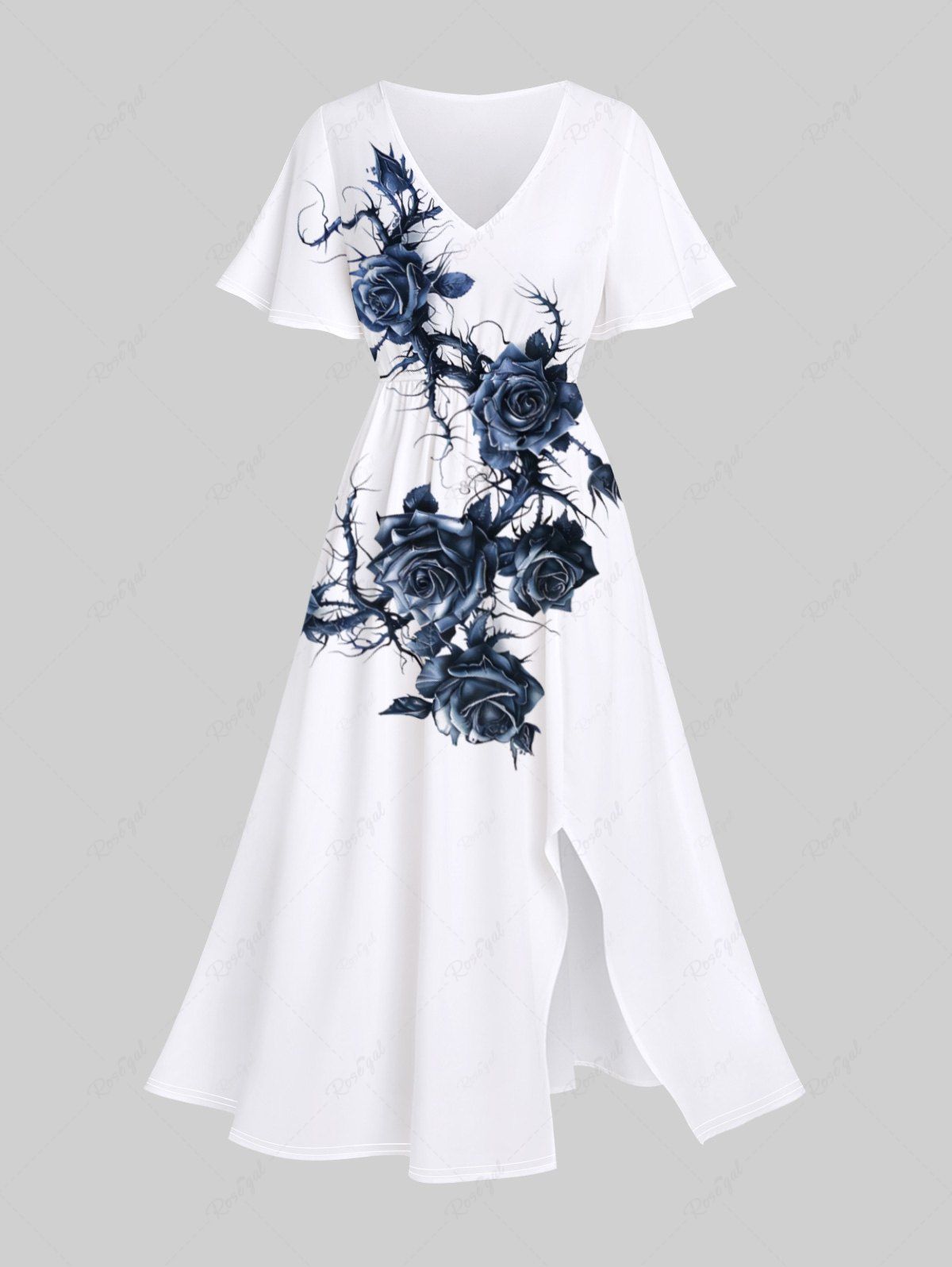 Trendy Plus Size Rose Flower Vine Print Split Pocket A Line Midi Dress  
