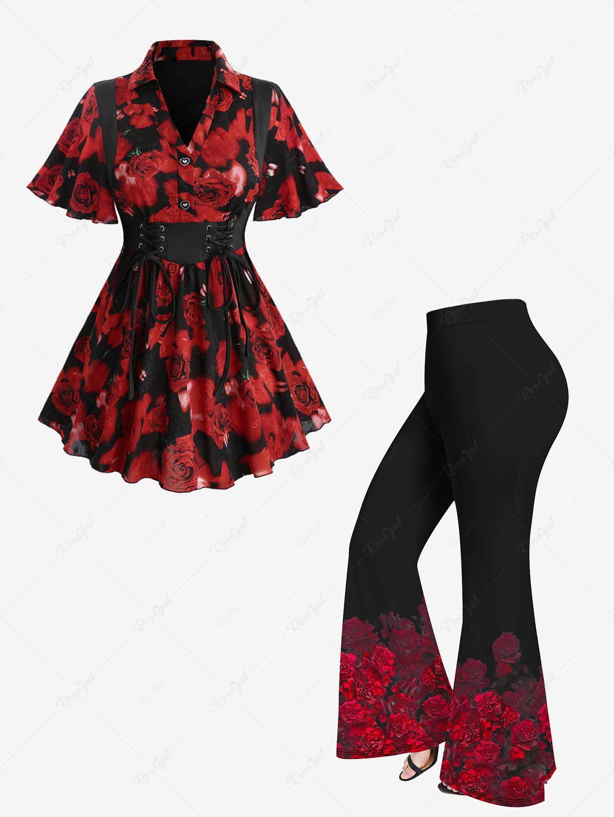 Outfit Rose Flower Print Jacquard Lace Up Heart Buttons Blouse and Flare Pants Plus Size Outfit  