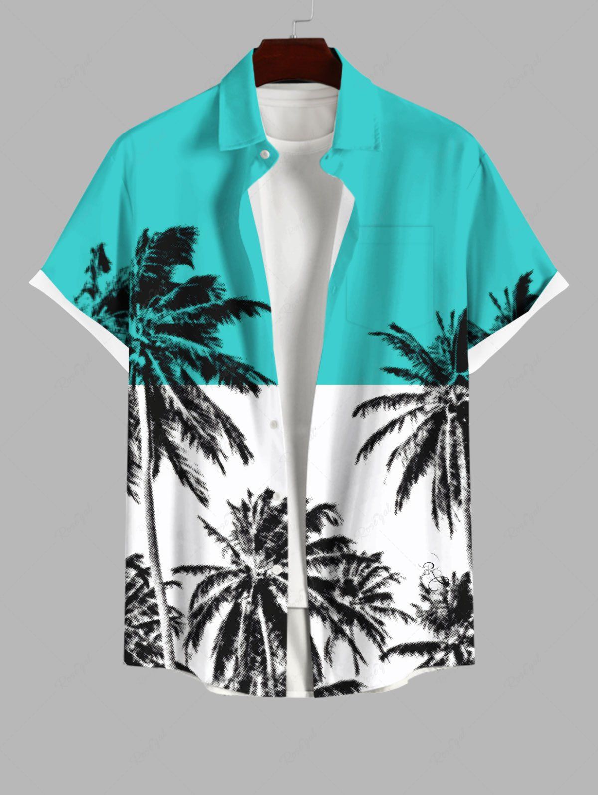 Chemise Décontractée Boutonnée en Blocs de Couleurs Arbre de Noix de Coco Imprimé Grande Taille avec Poche Multi-A L