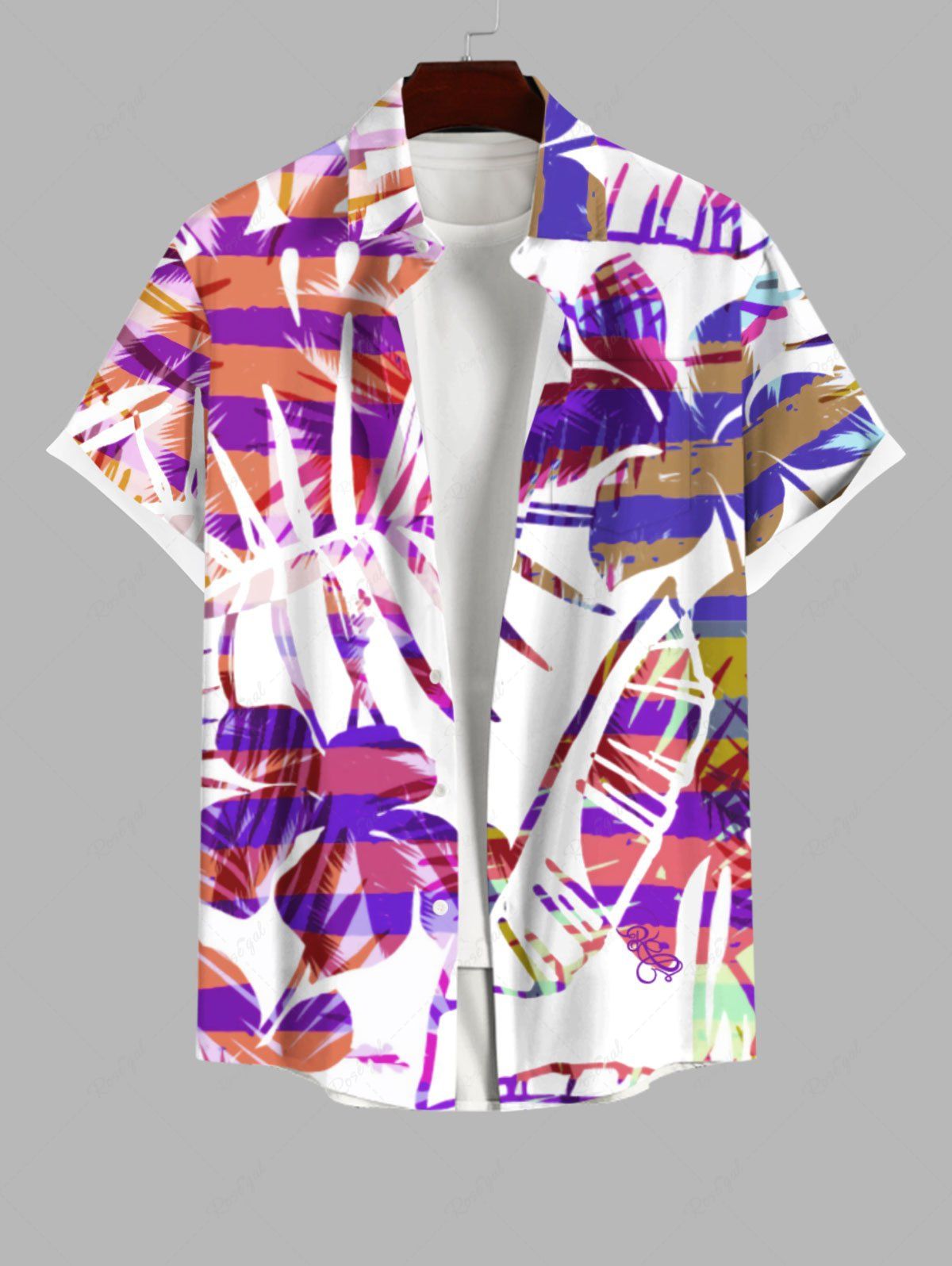 Chemise Rayée Fleurie Arbre Noix de Coco Imprimé en Blocs de Couleurs avec Poche de Grande Taille Multi-A L