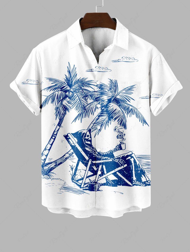 Chemise Imprimé Cocotier Crâne Grande Taille avec Poche à Boutons pour Homme Blanc 2XL