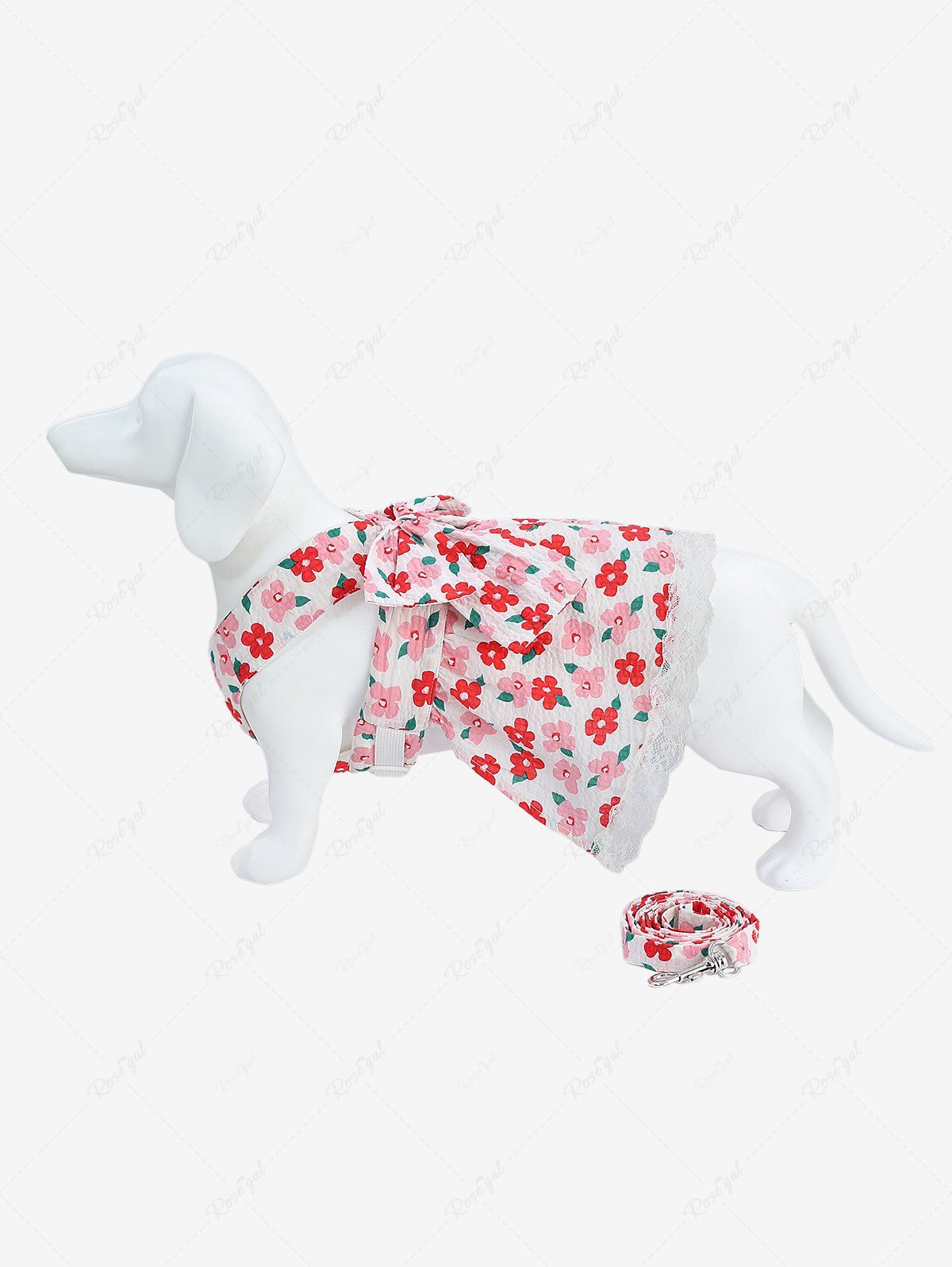 Best Pet's Flowers Print Bowknot Lace Trim Dress With Leash  