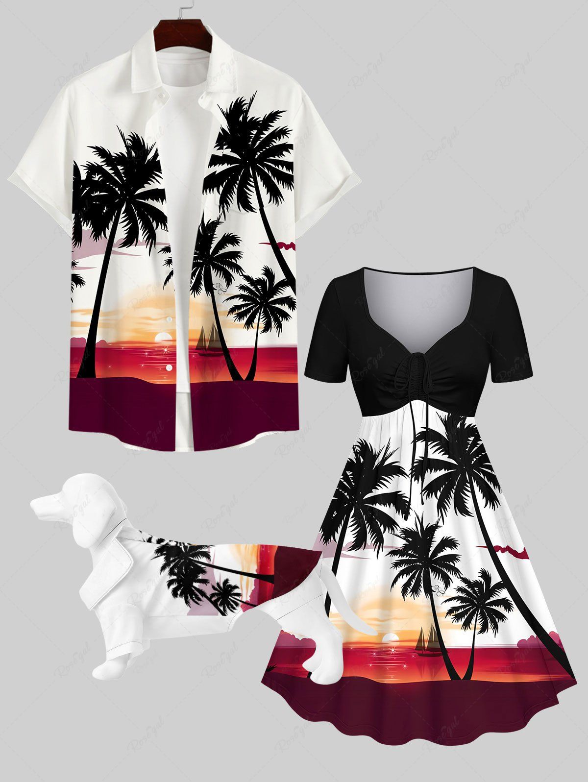Fashion Coconut Tree Sunset Sailboat Colorblock Print Hawaii Dog and Owner Matching Outfits  