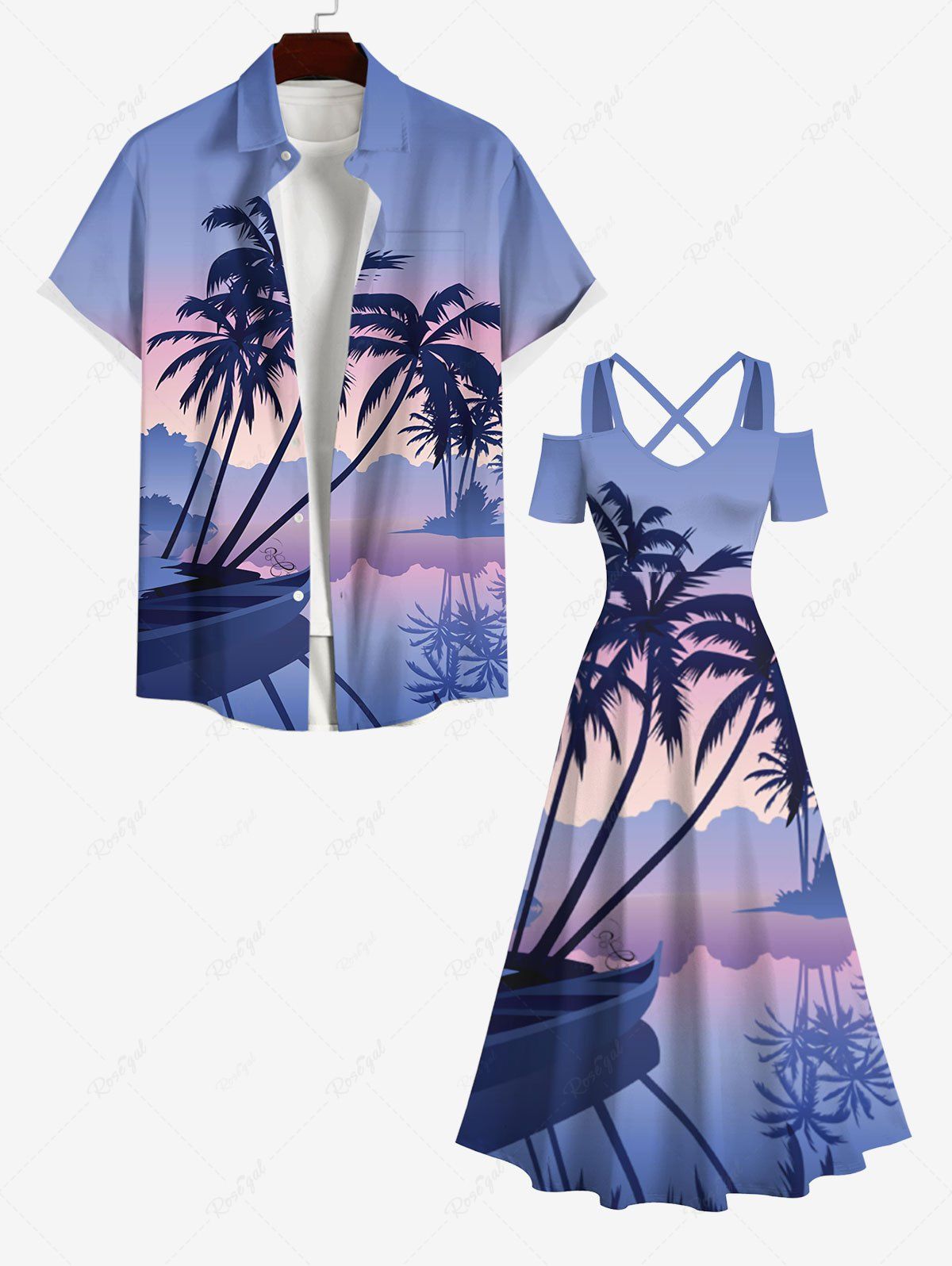 Shop Coconut Tree Boat Ombre Colorblock Print Plus Size Matching Hawaii Beach Outfit For Couples  