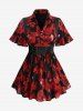 Rose Flower Print Jacquard Lace Up Heart Buttons Blouse and Flare Pants Plus Size Outfit -  