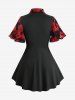 Rose Flower Print Jacquard Lace Up Heart Buttons Blouse and Flare Pants Plus Size Outfit -  